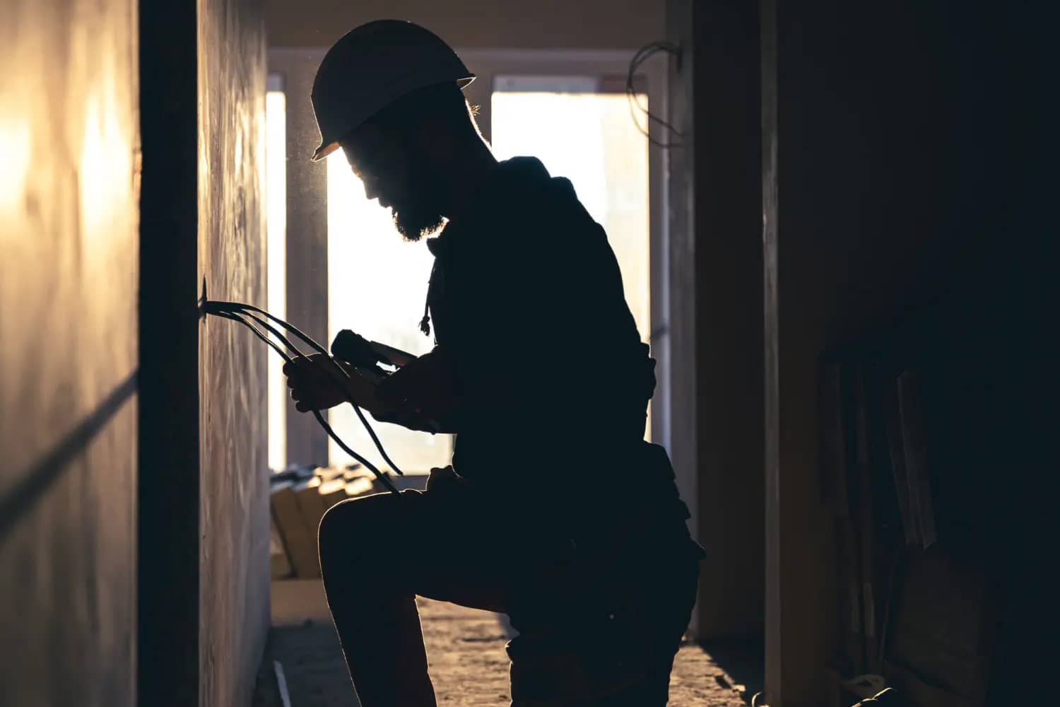 Operação em ambiente controlado eletricista atua com foco e atenção em fiação de parede, com risco controlado e conduta conforme o protocolo de segurança.