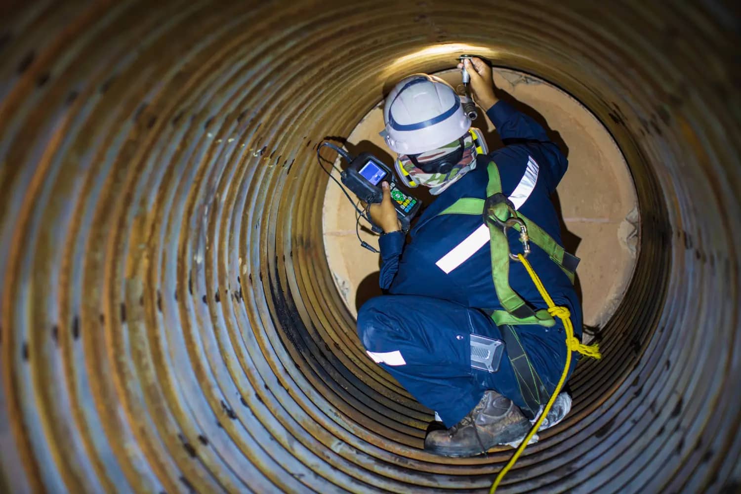 Técnico realiza ensaio ultrassônico em espaço confinado – inspeção não destrutiva com proteção respiratória e trava-quedas.