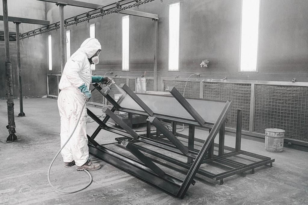 Pintura industrial de estruturas metálicas em cabine com exaustão e ventilação forçada. Operador com máscara facial adequada, demonstrando controle de exposição a névoas de tinta. Piso apresenta vestígios de acúmulo de tinta, recomendando-se limpeza periódica conforme norma. - Laudo Cabine Pintura.
