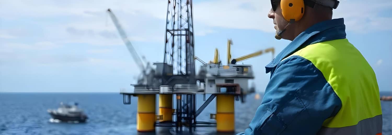Profissional supervisiona operações em plataforma semi-submersível, com foco em segurança, comunicação e conformidade de procedimentos críticos.