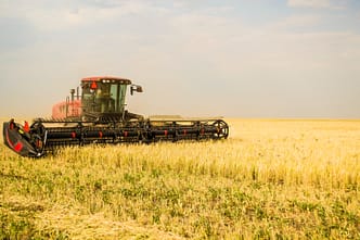 Colheitadeira moderna operando em campo de trigo – Uma colheitadeira de alta performance garantindo uma colheita eficiente e ágil, essencial para a produção agrícola em larga escala. - Curso NR 12 Anexo II e XI.